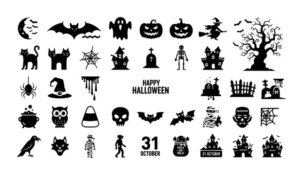 Halloween silhouette icons set, spooky holiday vector elements for 31 October, black pumpkin and ghost symbols, haunted house and bat illustrations