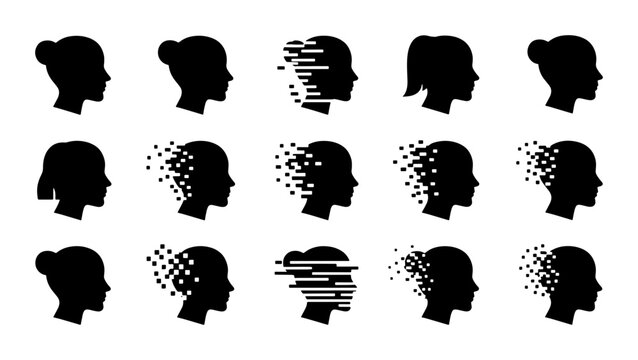 Minimalist woman head profile silhouettes, 15 female face icons with pixelated disintegration effects, black human head vector set