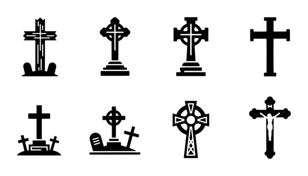 Christian cross icons set, religious crucifix symbols and cemetery gravestones, black vector silhouettes of celtic and gothic crosses for funeral design