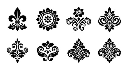 Vintage fleur de lis and damask floral ornaments, set of 8 black decorative vector icons, elegant heraldic symbols and baroque scroll motifs © Sultana