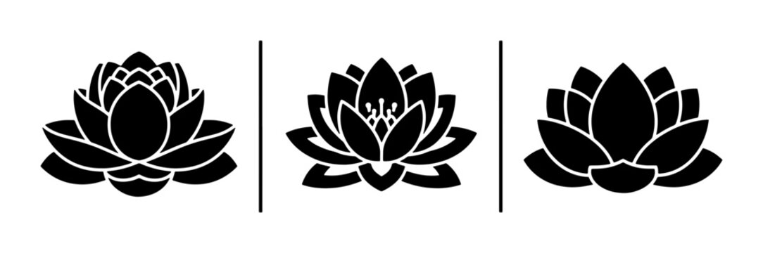Minimalist lotus flower silhouette icons, black floral lily vector set, zen yoga and wellness logo elements, botanical water lily graphics