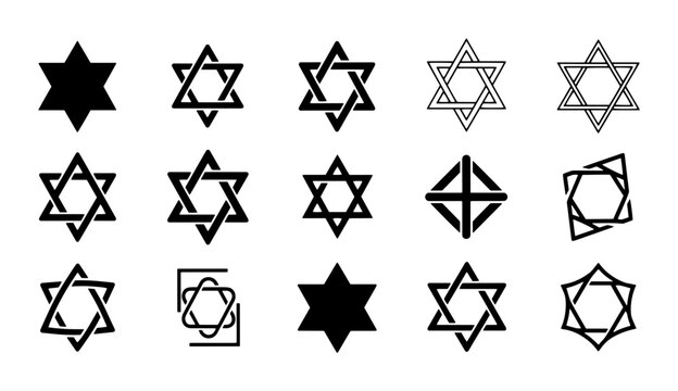 Star of David vector icon set, 15 black Jewish hexagram symbols, religious Magen David silhouettes, Hebrew cultural identity graphic elements
