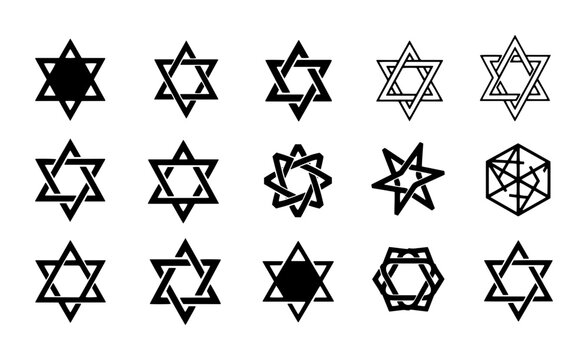 Star of David vector icons set, 15 Jewish hexagram symbols in black and white, religious Magen David graphic elements for Hanukkah and Judaism