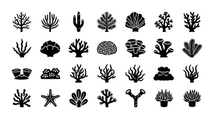 Black coral reef silhouette icons, 28 underwater sea life vector elements, minimalist marine biology shapes, aquatic flora and starfish collection © Shahriar