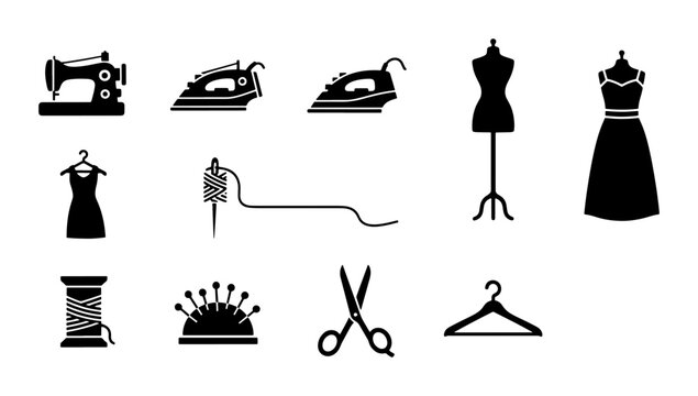 Tailor shop sewing icons set, black silhouette dressmaking equipment vectors, fashion atelier tools with sewing machine and mannequin