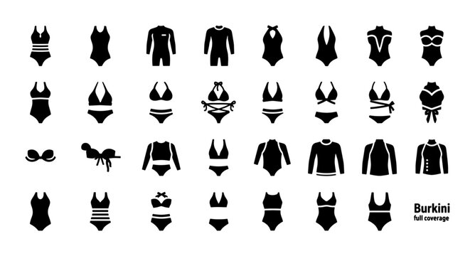 Burkini full coverage swimwear icons, modest swimsuit and bikini vector set, black silhouette beachwear collection for women, 32 fashion elements