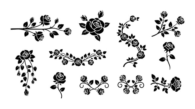 Vintage black rose silhouettes, elegant floral branch collection, 11 decorative flower vector elements for wedding invitations and tattoo design