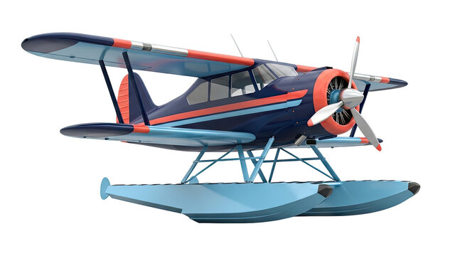 Vintage Biplane Seaplane with Blue, Orange, and Light Blue Livery