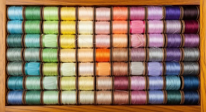 Colorful threads in wooden spool box.