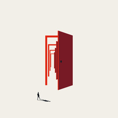 Naklejka premium Businessman silhouette walks toward a giant open red door revealing an infinite corridor of nested frames. Minimal vector concept illustration for infinite career opportunities and corporate recruitme