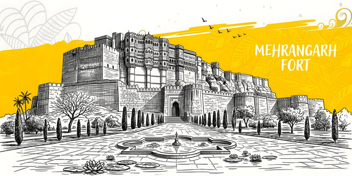 Majestic Mehrangarh Fort Wall Art: Hand-Drawn Line Illustration of the Rajasthan Landmark with Vibrant Yellow Watercolor Accents, Desert Palm Details, and Elegant Hill Fort Sketch for Graphic Decor.