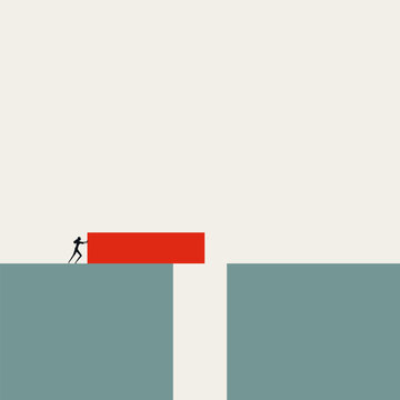 Businesswoman overcome challenge symbol of bridge over a gap between two platforms. Minimal vector concept illustration for corporate risk management and strategic problem solving.