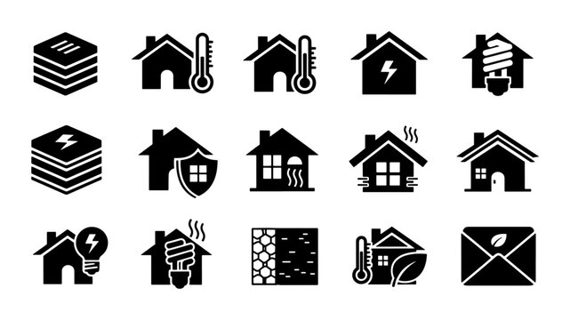 Smart home energy efficiency icons set, 15 black vector symbols for eco friendly house technology, sustainable building and thermal insulation concepts