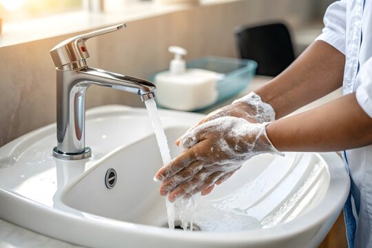 Person washing hands with soap and water in a sink hand washing personal hygiene rubbing hands cleaning sanitation prevention cleanliness disinfection sanitary wellness bathroom hygienic