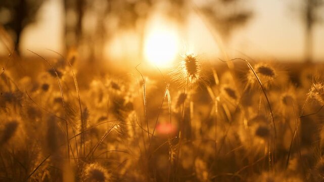 Wild grass and thistle plants silhouetted against bright golden sunset light. Warm orange tones illuminate fluffy seed heads and delicate stems in meadow during golden hour.