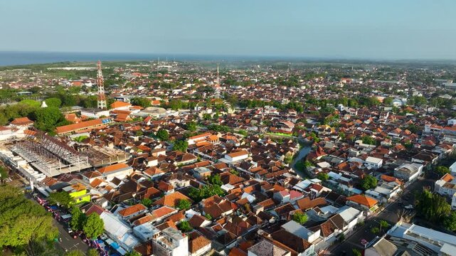 Aerial view of Banyuwangi, East Java; vibrant townscape in sunny daylight