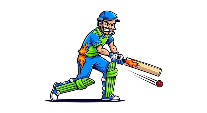 Cricket player in action swinging bat.