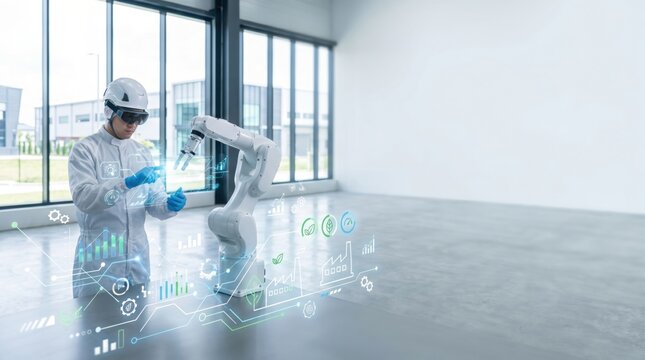 Male engineer wearing smart glasses and gloves operating advanced industrial robot arm with holographic interface managing data analytics automation process control system in