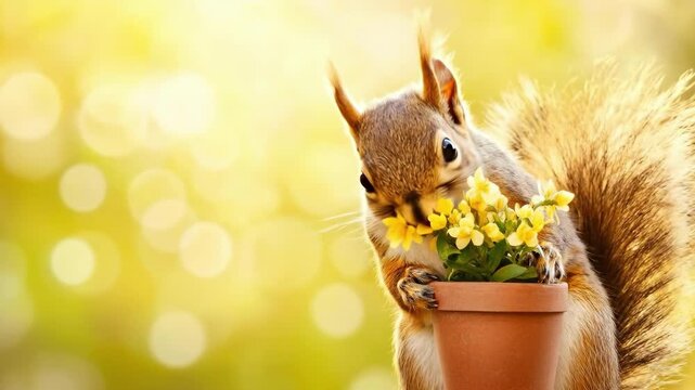Adorable squirrel holding potted yellow flowers in bright sunlit background