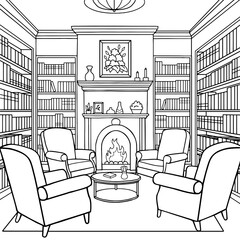 Naklejka premium Library interior graphic black white sketch illustration vector 