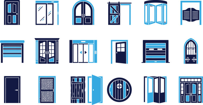 Collection of different types of doors and gates on white background, modern design.