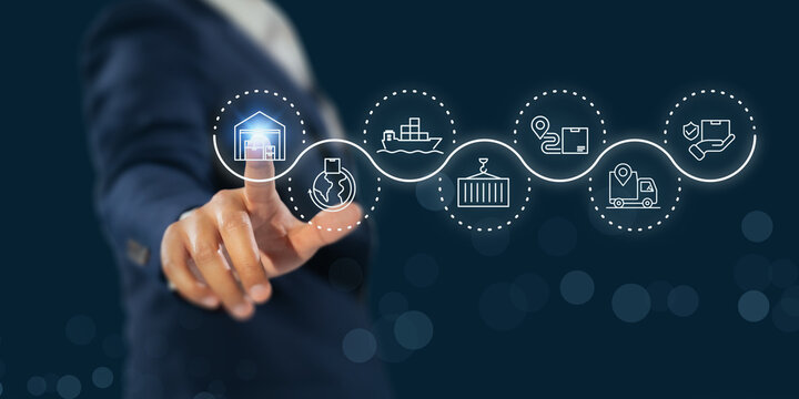Flexible Supply Chain Management. Interacting with digital supply chain icons. Flexible logistics, adaptive operations and resilient global distribution across transportation and warehouse systems.