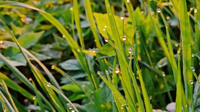 Handheld footage of dew drops on grass during sunrise. Best use for commercials, content, travels, nature and background themes.