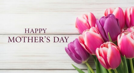 Happy mother's day beautiful pink and purple tulips on white wood celebrate mom