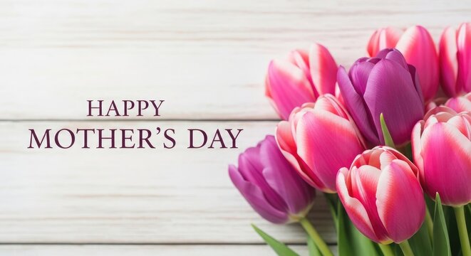 Happy mother's day beautiful pink and purple tulips on white wood celebrate mom