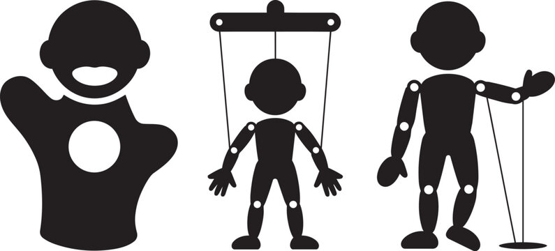 Silhouette icons of, set of 3, puppets and a hand puppet with string puppet, white background, and marionette