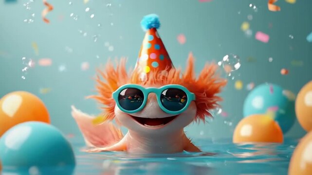 Smiling axolotl with party hat and sunglasses celebrates in bright confetti and balloons