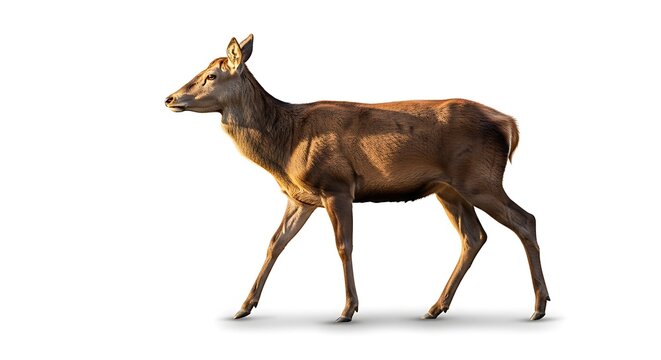 Deer walking on white background alone.