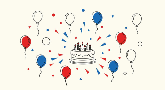 Patriotic birthday party celebration, American flag balloons, cake with candles, festive confetti