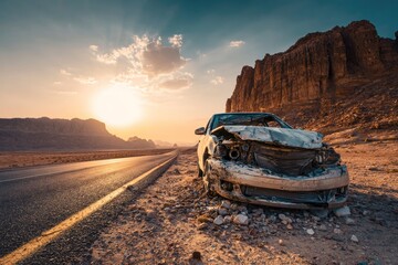 Fototapeta premium Wrecked car abandoned on the side of a desert road, dramatic sunset over a rocky landscape with long stretching highway.