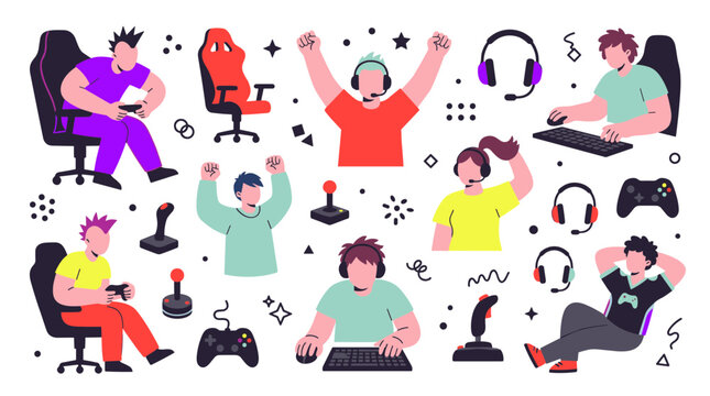 Diverse group of gamers enjoying video games on computers and consoles with headsets and controllers in a colorful illustration