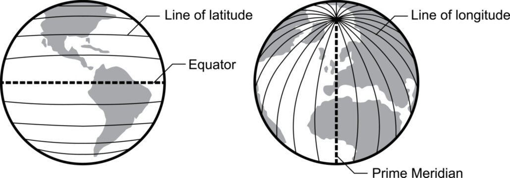 Grayscale Earth Latitude and Longitude Diagram with Labels Vector Illustration
