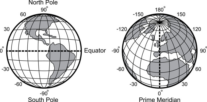 Grayscale Geographic Coordinate System Earth Globes Vector Illustration
