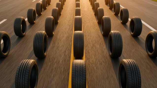 Group of car tires driving on highway