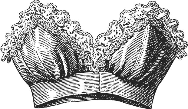 Vintage lace bralette illustration detailed black and white lingerie drawing with ruffled edges and textured fabric design