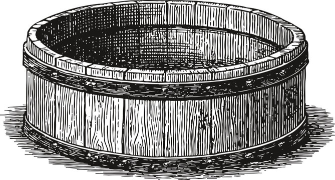 Vintage wooden tub illustration round rustic container with detailed wood texture and metal bands