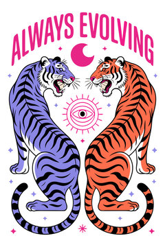 Always Evolving Typography with Dual Tigers and Mystical Eye &ndash; Bold Symmetrical Animal Illustration