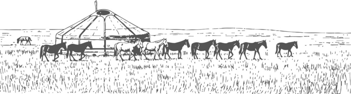 Traditional nomadic yurt with grazing horses on vast grassy steppe landscape, pastoral rural life