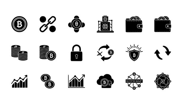 Black bitcoin and cryptocurrency icons set in clean grid layout fintech blockchain vector pack on white background