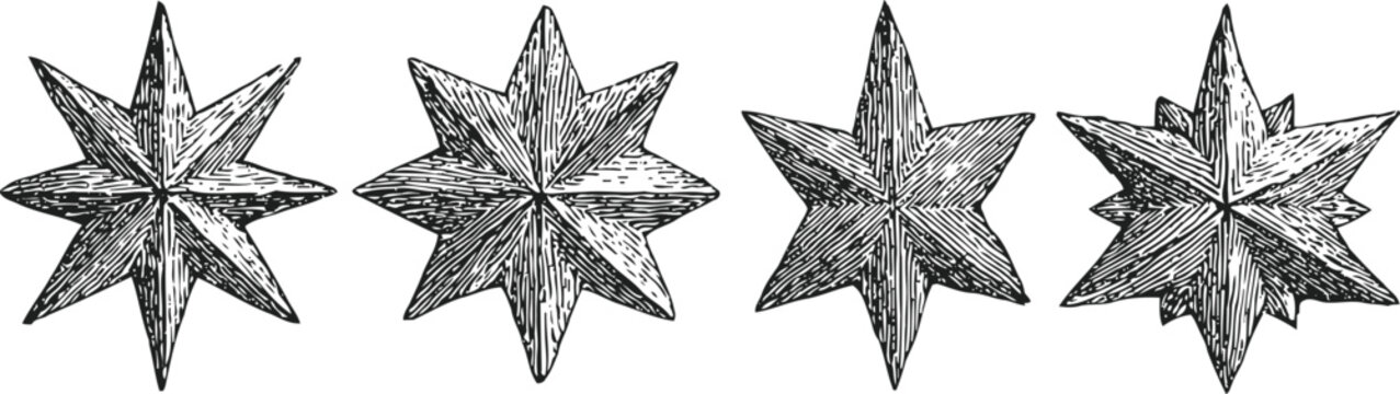 Vintage engraved eight point star illustrations hand drawn celestial symbols set in black and white