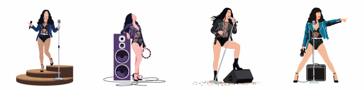 Set of flat vector illustrations featuring a female pop star performing on stage in various poses with musical equipment.