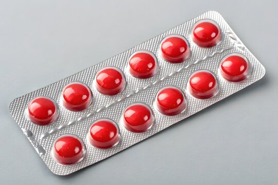 Blister pack of red round pills on a gray surface with pain relief medicine pharmacy treatment medication wellness healthcare vitamins pharmaceutical prescription supplement