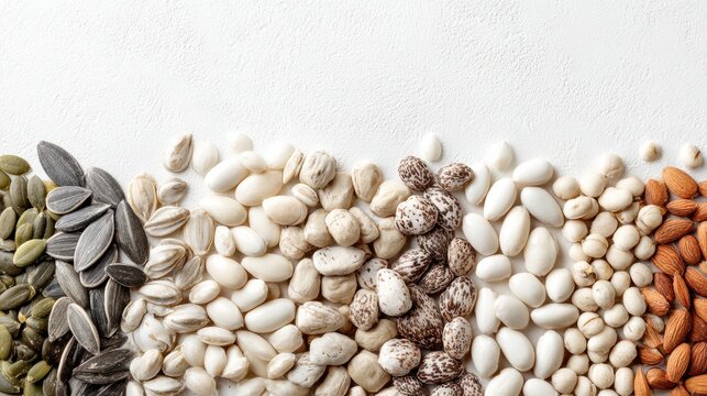 Assorted nuts seeds and beans border on white textured background healthy snack flat lay