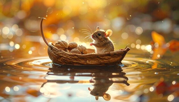 Mouse sailing in a walnut boat