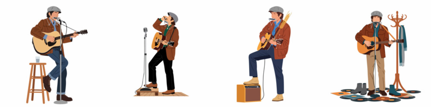 Set of four flat illustrations of a folk musician playing acoustic guitar and harmonica in various performance poses on a white background.