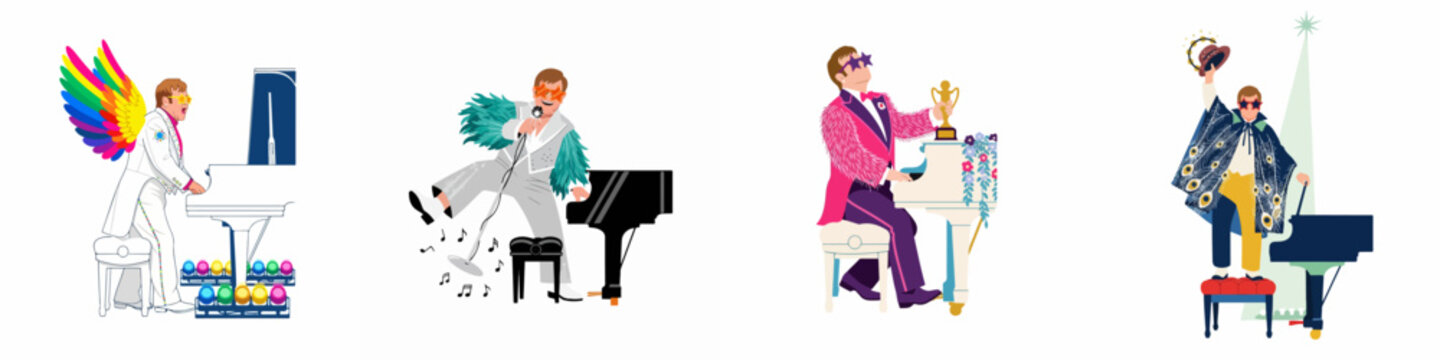 Illustrations of a flamboyant male musician in iconic stage outfits performing on piano and singing in various vibrant poses.